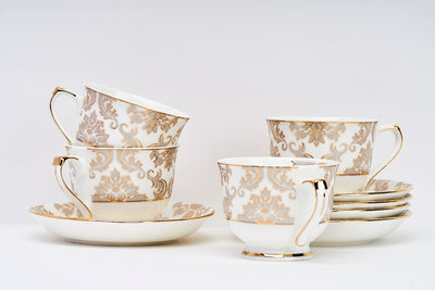 Platinum & Gold Bloom Cup & Saucer Set | 6 Cups & 6 Saucers