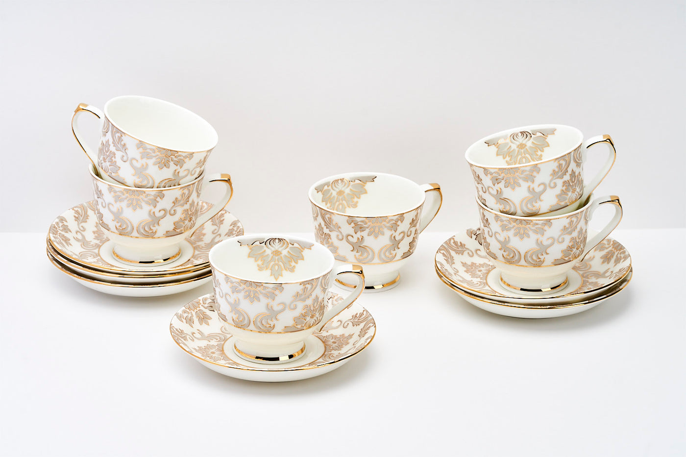 Platinum & Gold Bloom Cup & Saucer Set | 6 Cups & 6 Saucers