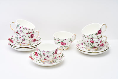 Button Rose Cup & Saucer Set | 6 Cups & 6 Saucers | 170 ml