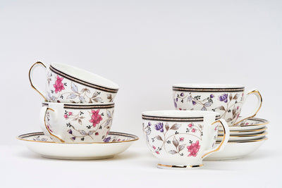 Pink & Grey Florals Cups & Saucer Set | 6 Cups & 6 Saucers | 170 ml