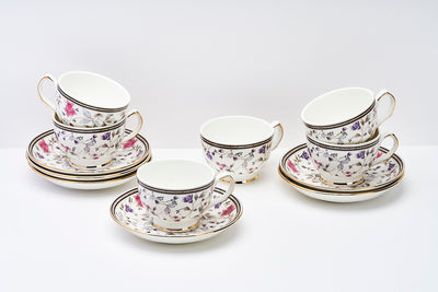 Pink & Grey Florals Cups & Saucer Set | 6 Cups & 6 Saucers | 170 ml