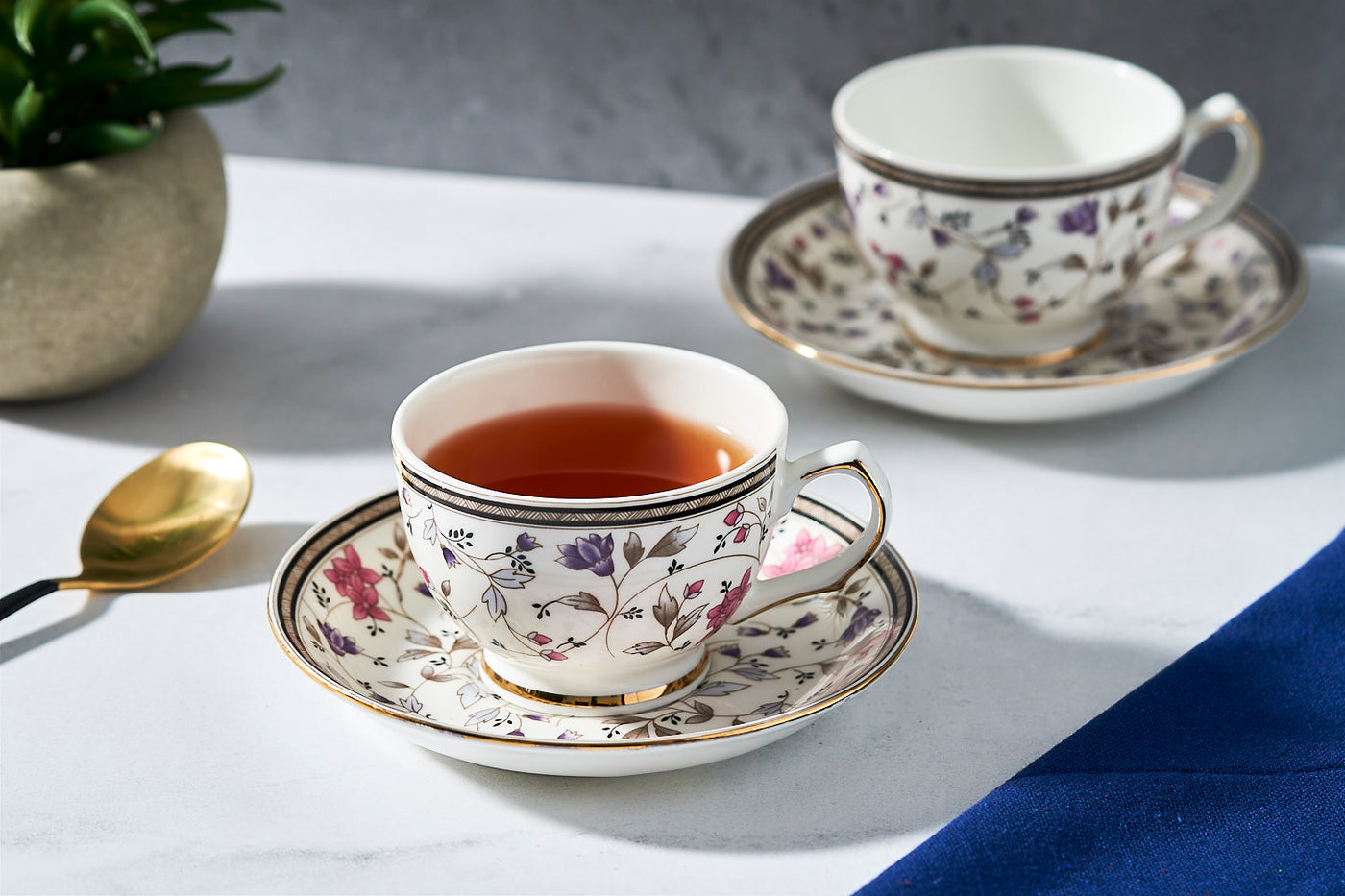 Pink & Grey Florals Cups & Saucer Set | 6 Cups & 6 Saucers | 170 ml