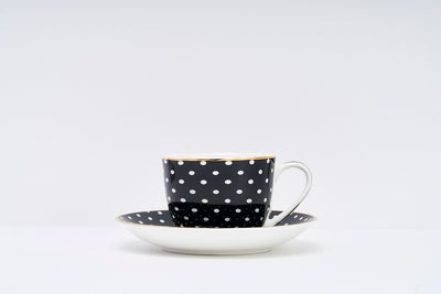 Monochrome Polka Dots Cup & Saucer Set – 6 Cups & 6 Saucers