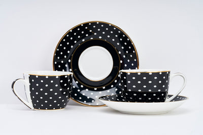 Monochrome Polka Dots Cup & Saucer Set – 6 Cups & 6 Saucers