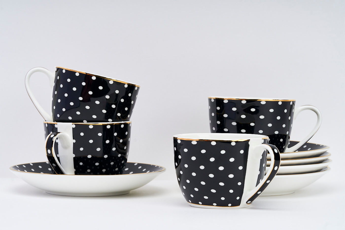 Monochrome Polka Dots Cup & Saucer Set – 6 Cups & 6 Saucers