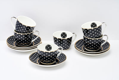 Monochrome Polka Dots Cup & Saucer Set – 6 Cups & 6 Saucers