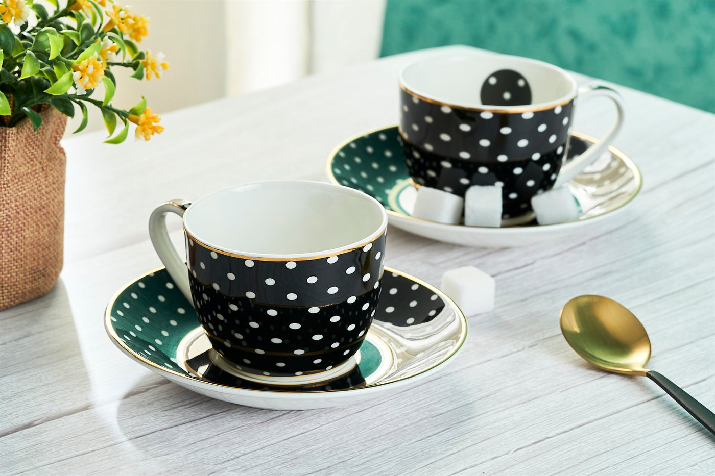 Monochrome Polka Dots Cup & Saucer Set – 6 Cups & 6 Saucers