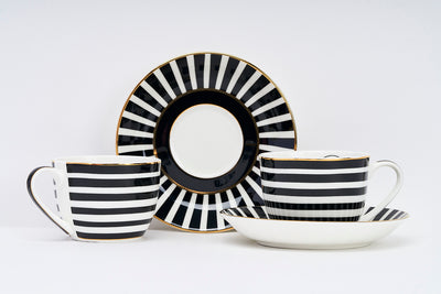 Monochrome Stripes Cup & Saucer Set | 6 Cups & 6 Saucers | 170 ml