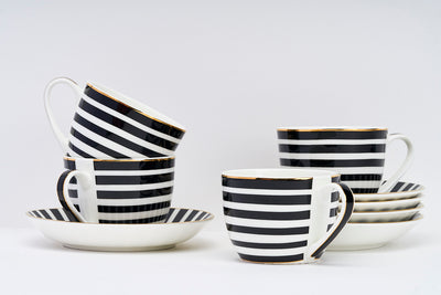 Monochrome Stripes Cup & Saucer Set | 6 Cups & 6 Saucers | 170 ml