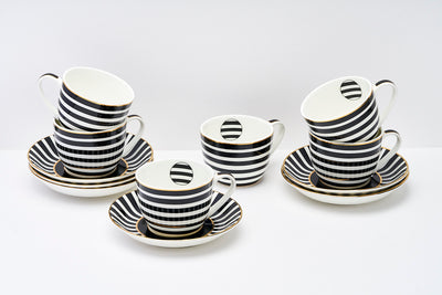 Monochrome Stripes Cup & Saucer Set | 6 Cups & 6 Saucers | 170 ml