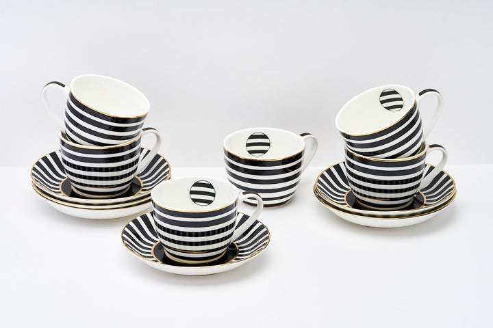 Monochrome Stripes Cup & Saucer Set | 6 Cups & 6 Saucers – Golden
