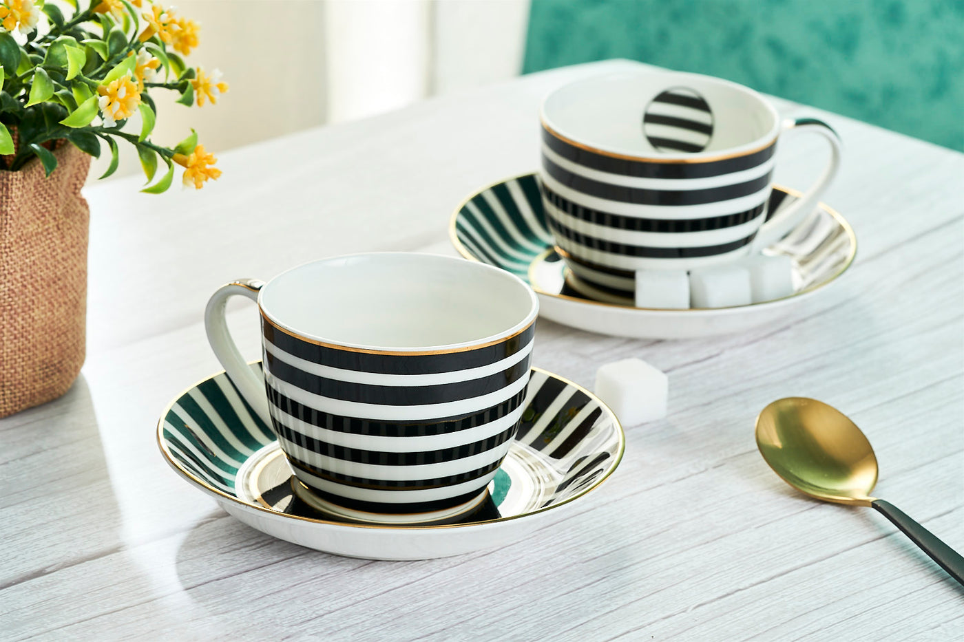 Monochrome Stripes Cup & Saucer Set | 6 Cups & 6 Saucers | 170 ml