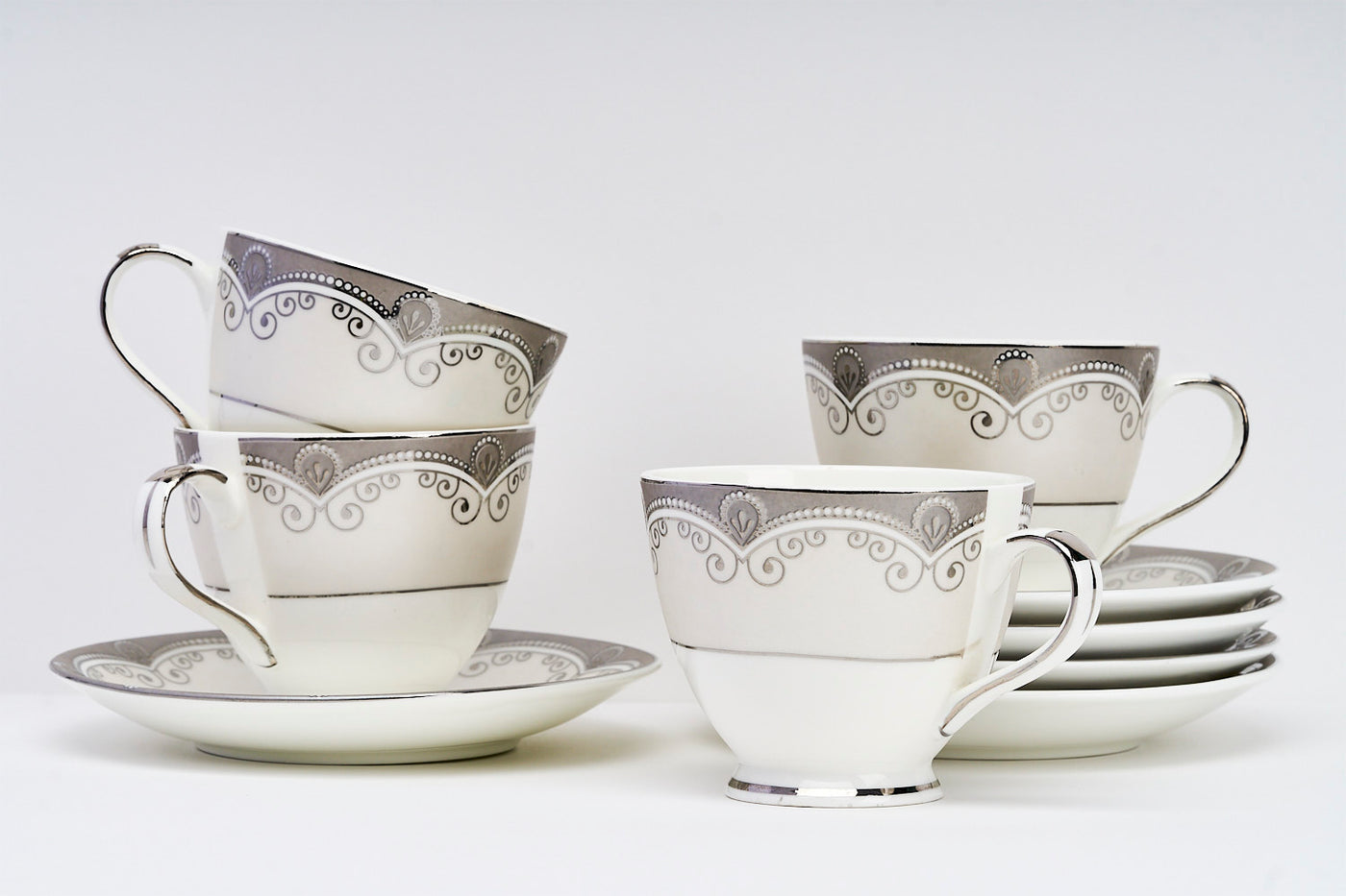 Gilded Chain in Platinum Cups & Saucer Set | 6 Cups & 6 Saucers | 180 ml