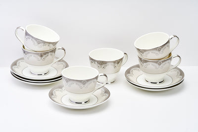 Gilded Chain in Platinum Cups & Saucer Set | 6 Cups & 6 Saucers | 180 ml