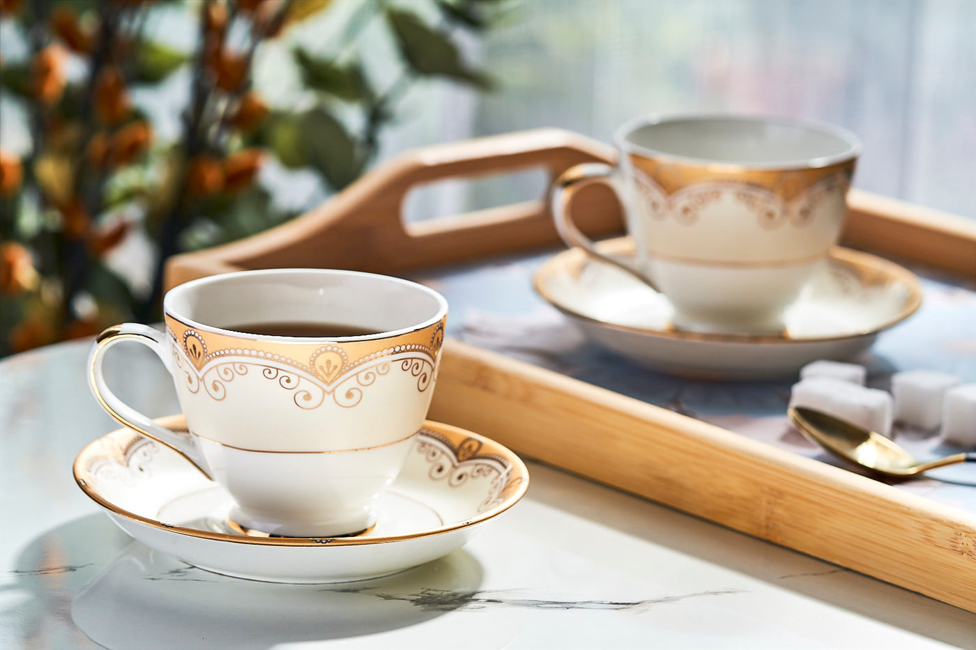 Gilded Chain in Gold Cups & Saucer Set | 6 Cups & 6 Saucers | 180 ml