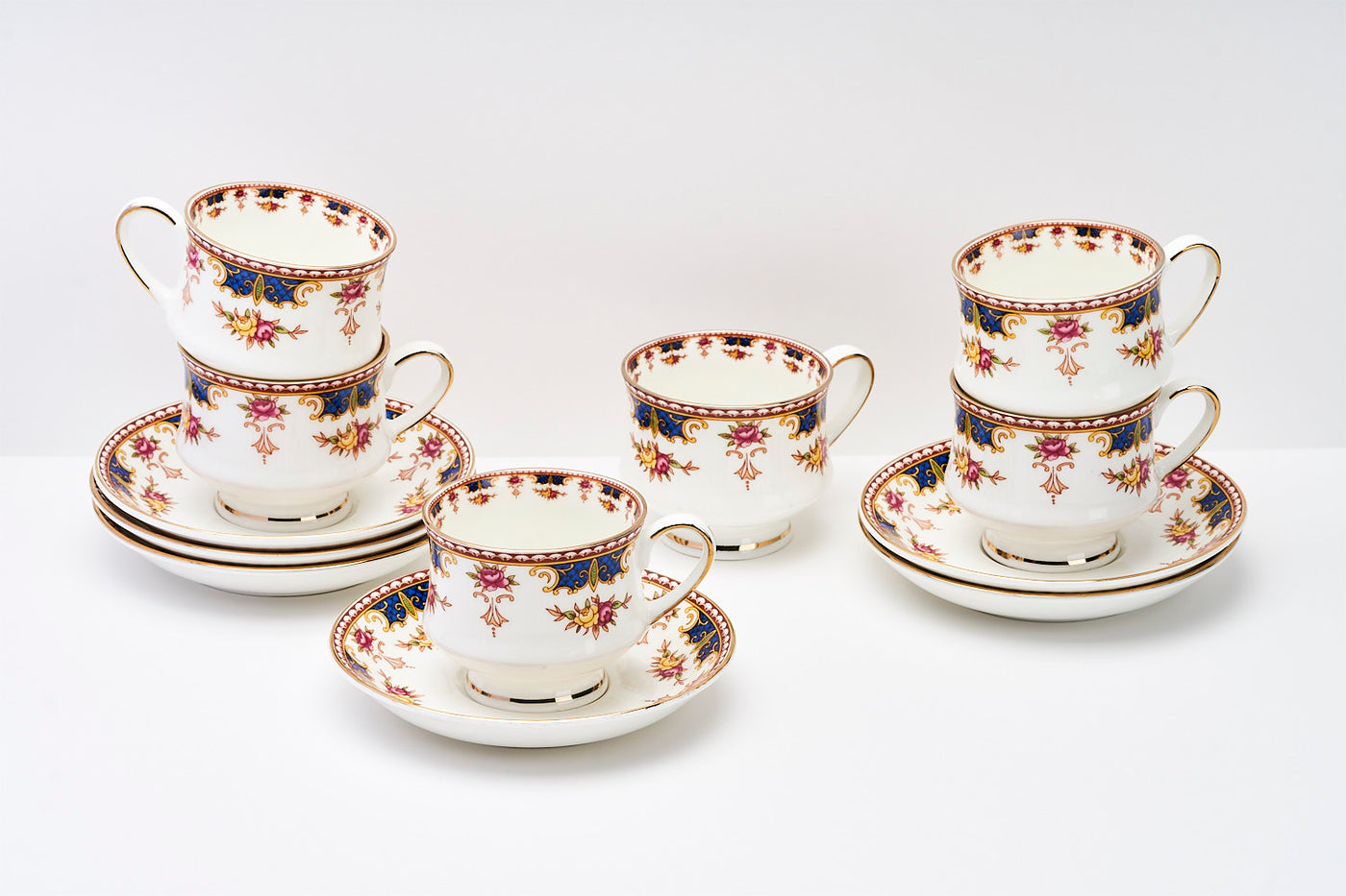 Blush & Blue Cascade Cup & Saucer Set | 6 Cups & 6 Saucers