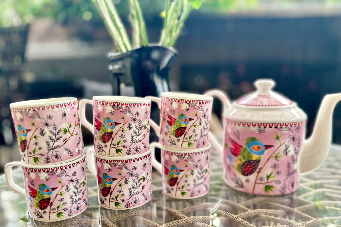 Heritage Birds & Leaves in Pink Coffee Set - 6 Cups & 1 Kettle