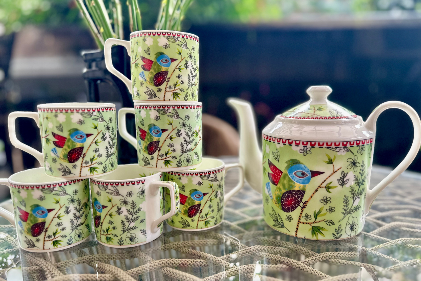 Heritage Birds & Leaves in Green Coffee Set - 6 Cups & 1 Kettle