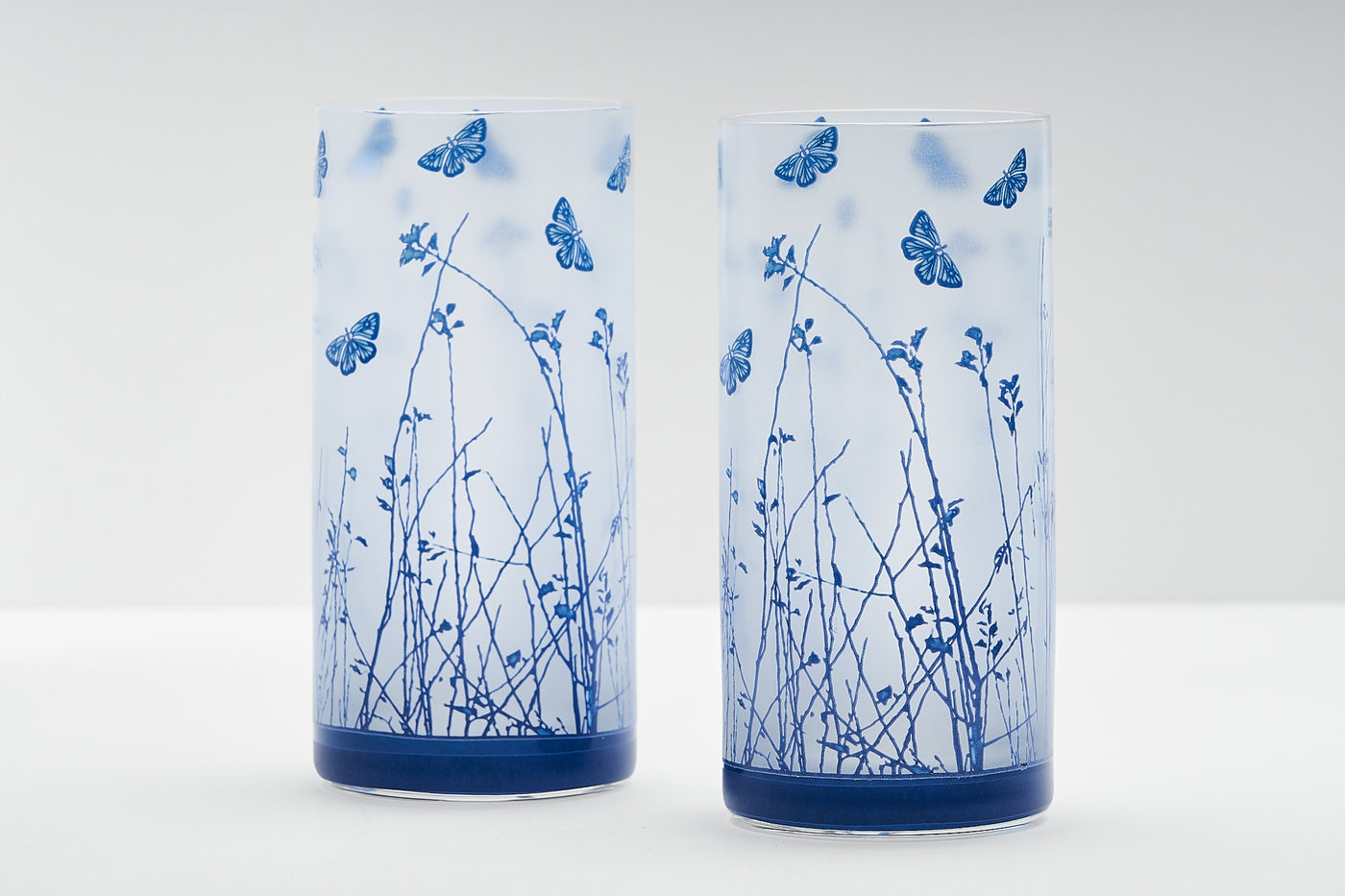 Blue Shrubs & Butterfly Glass Tumblers - Set of 6 (300ML)