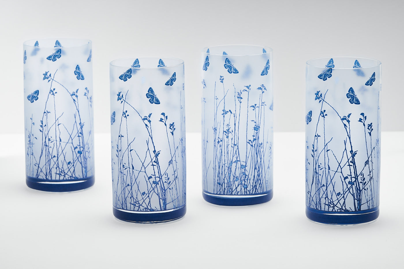 Blue Shrubs & Butterfly Glass Tumblers - Set of 6 (300ML)
