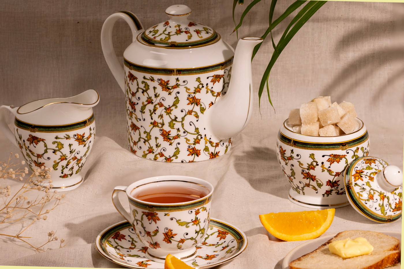 Chinar Bloom Tea Set | Cup, Saucer & Kettle | Handcrafted Elegance (15 pieces)
