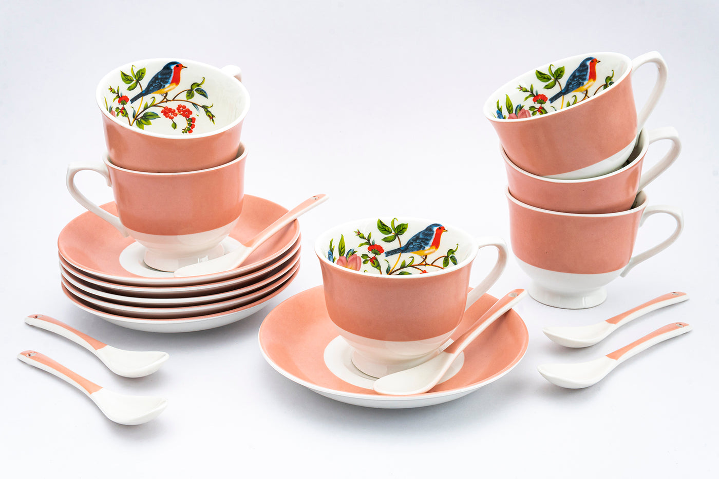 Pink Banded Bird Oasis Cups & Saucer Set – Pack of  12 pcs