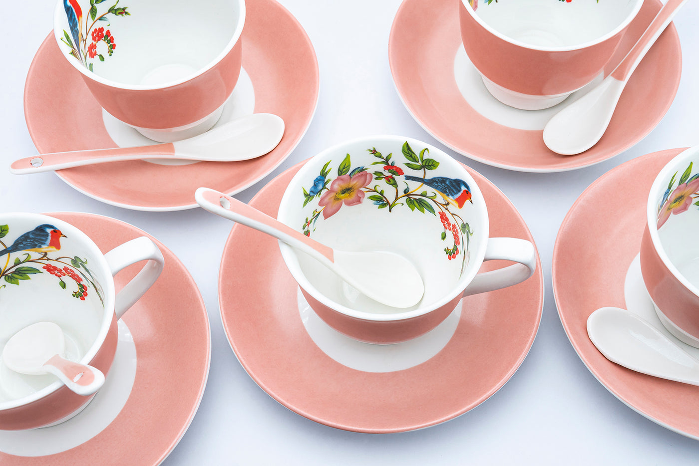 Pink Banded Bird Oasis Cups & Saucer Set – Pack of  12 pcs