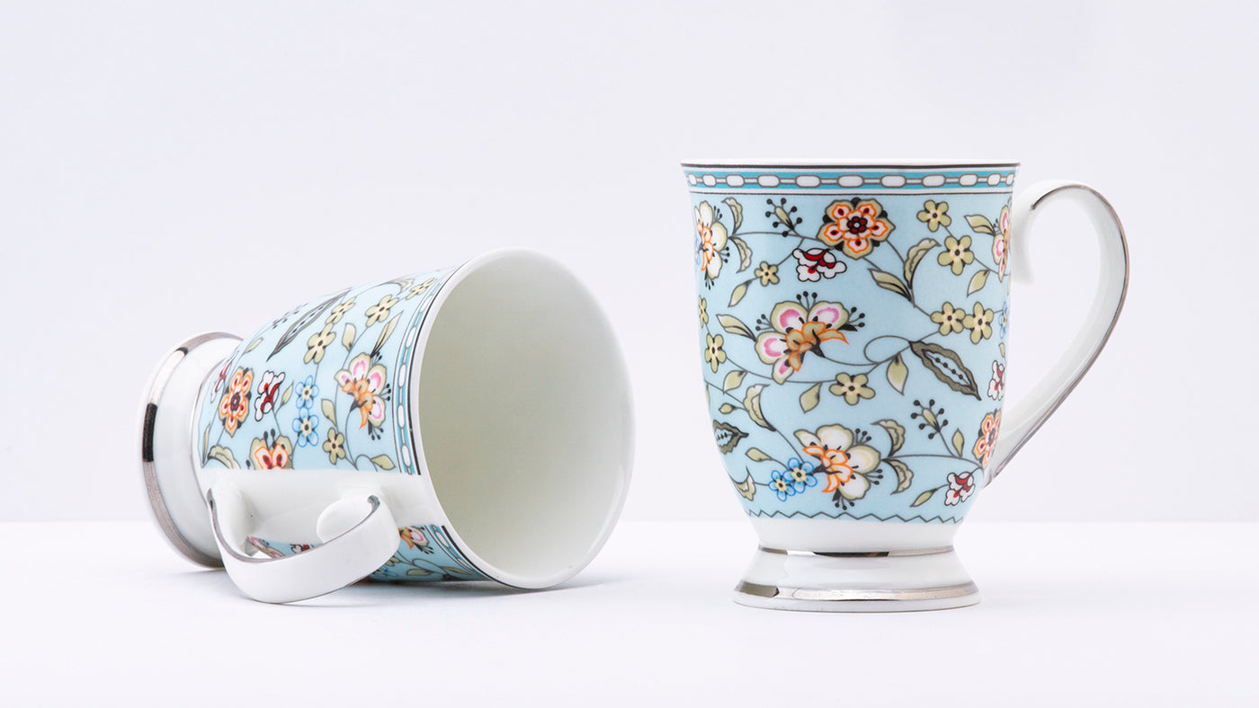 Blue Botanical  Platinum footed mug  – Set of 2