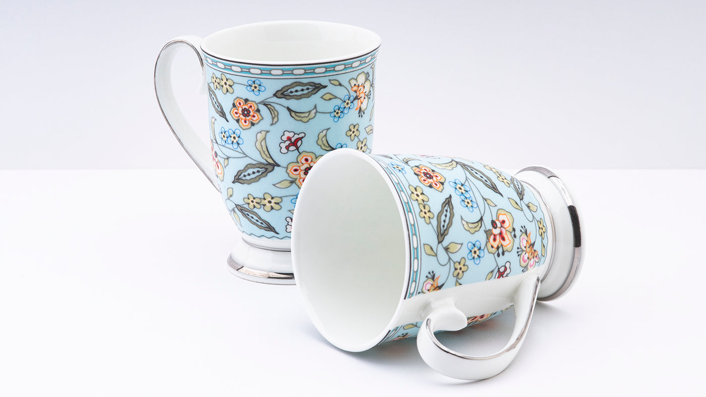 Blue Botanical  Platinum footed mug  – Set of 2