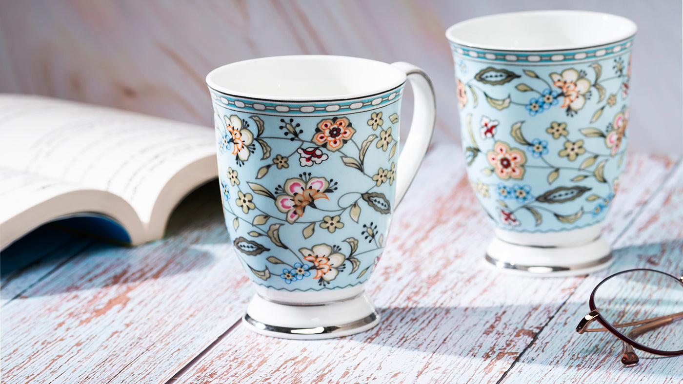 Blue Botanical  Platinum footed mug  – Set of 2