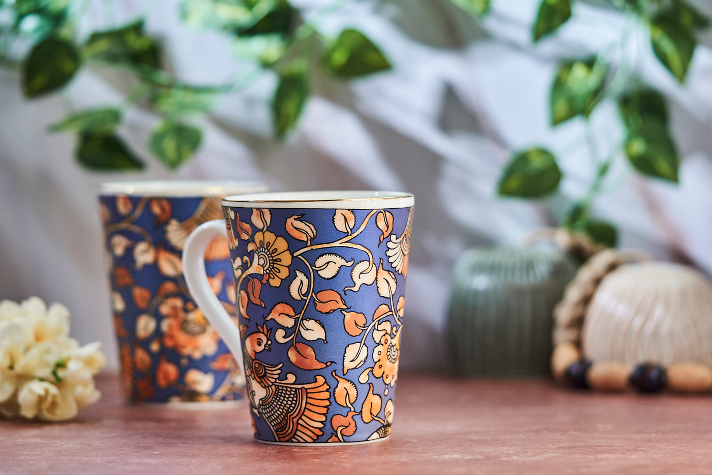 Bird in a Bush (Blue) tapered mug – Set of  2