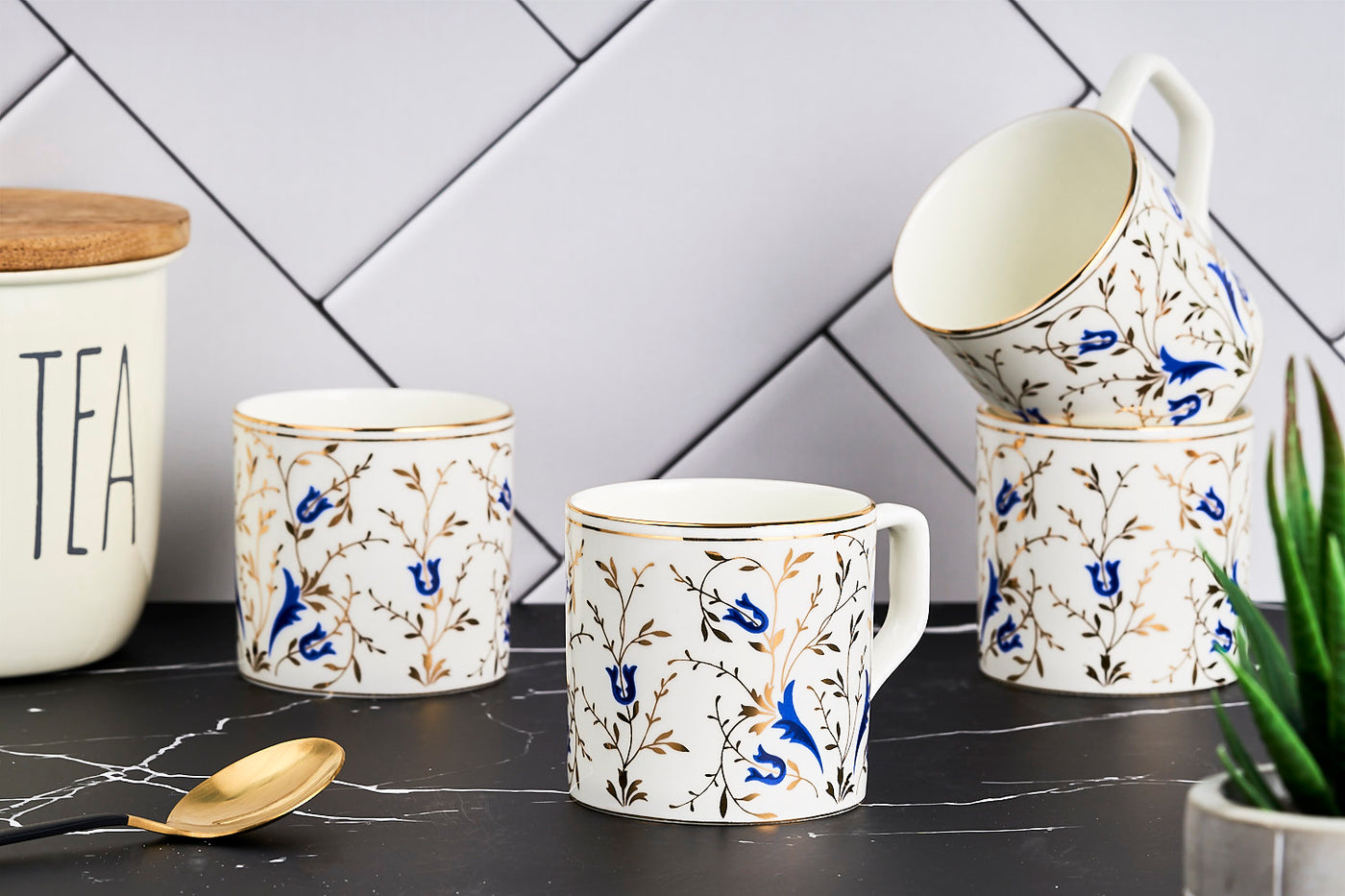 Golden Vine Tea & Coffee mugs (Blue) – Set of 6