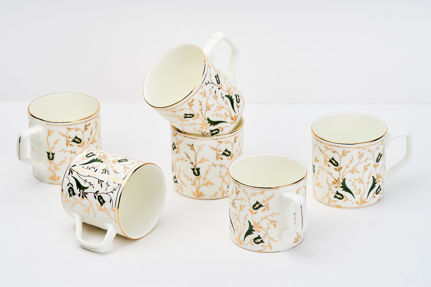 Golden Vine Tea & Coffee mugs (Green) – Set of 6