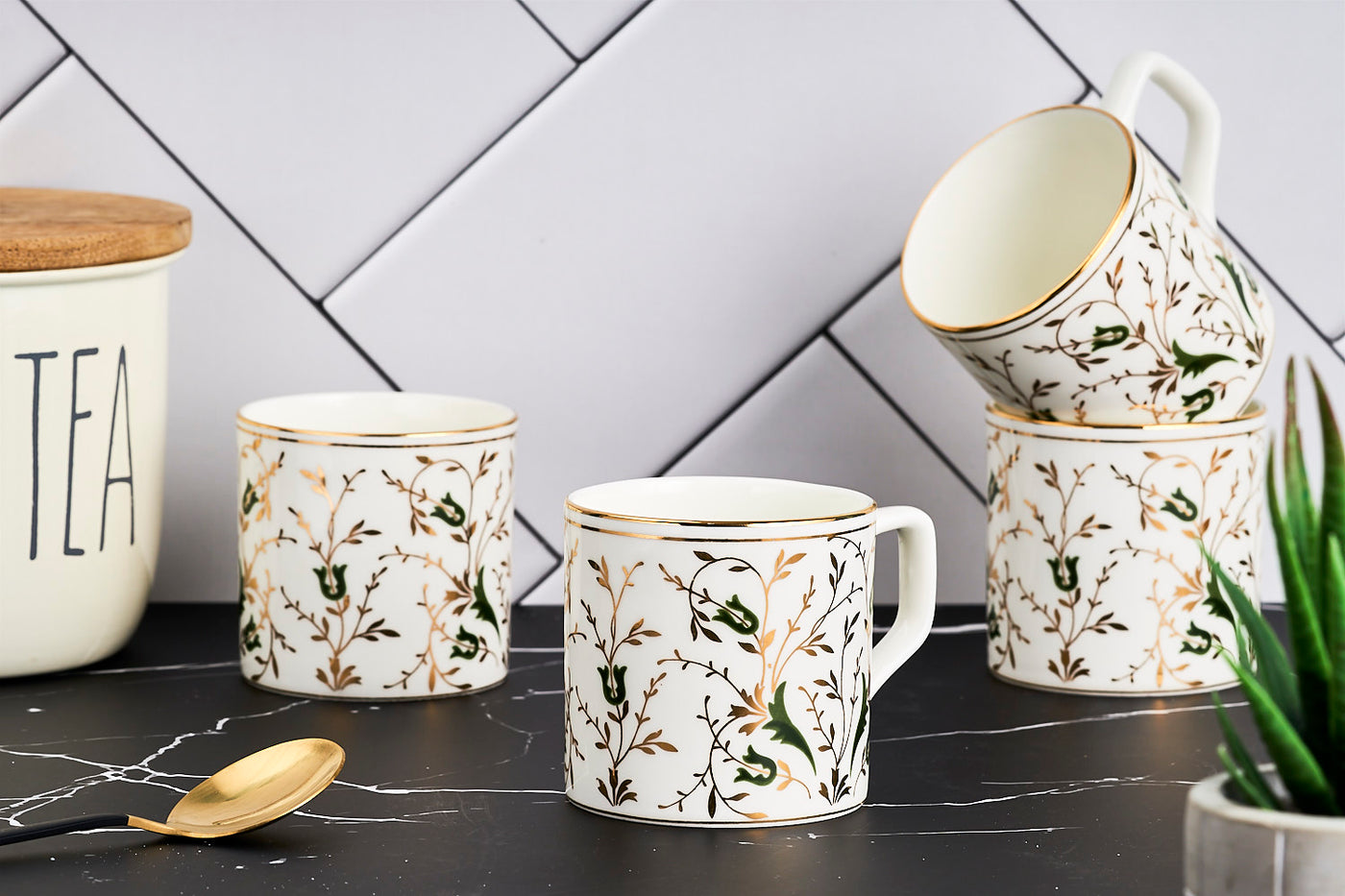 Golden Vine Tea & Coffee mugs (Green) – Set of 6