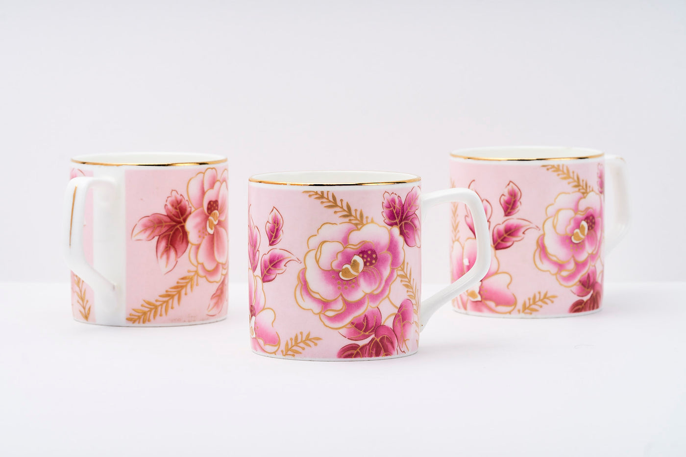 Pink & Gold blossom mugs - Set of 6