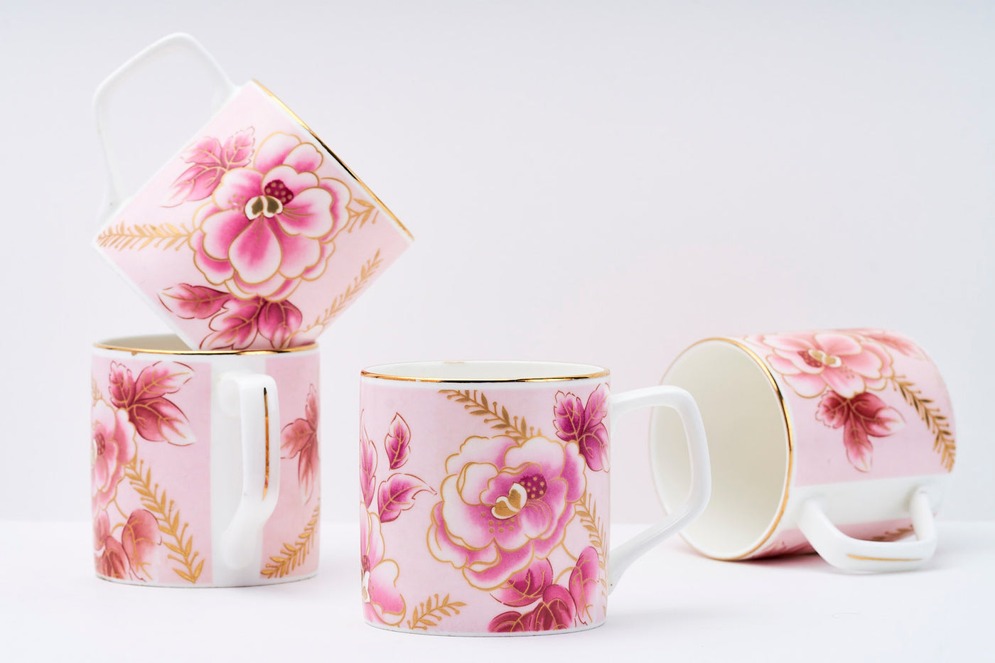 Pink & Gold blossom mugs - Set of 6