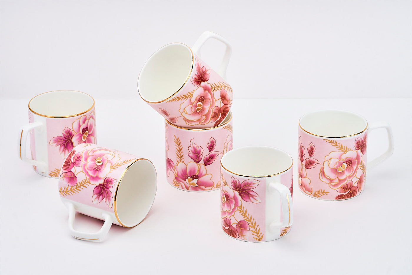 Pink & Gold blossom mugs - Set of 6