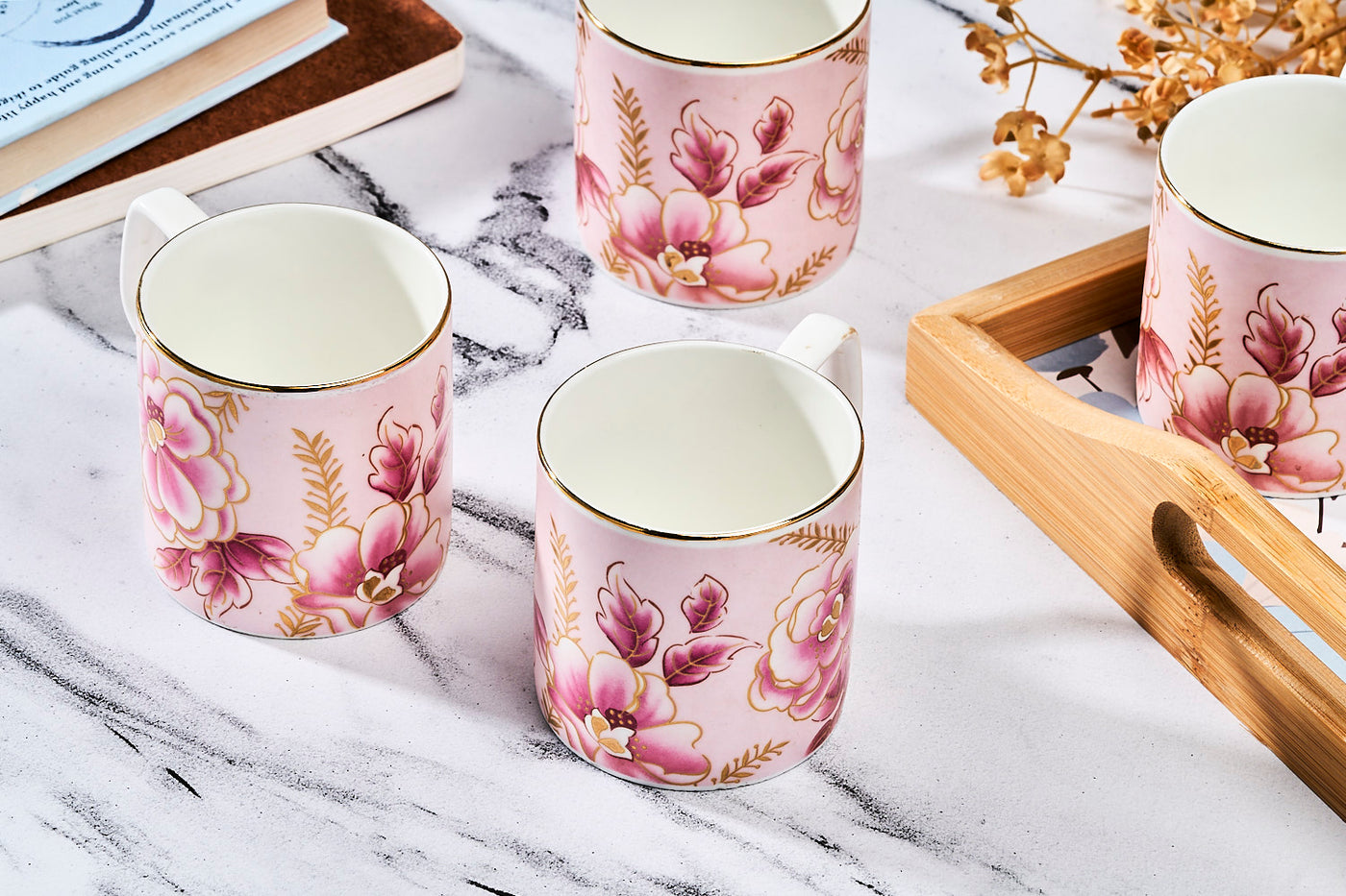 Pink & Gold blossom mugs - Set of 6