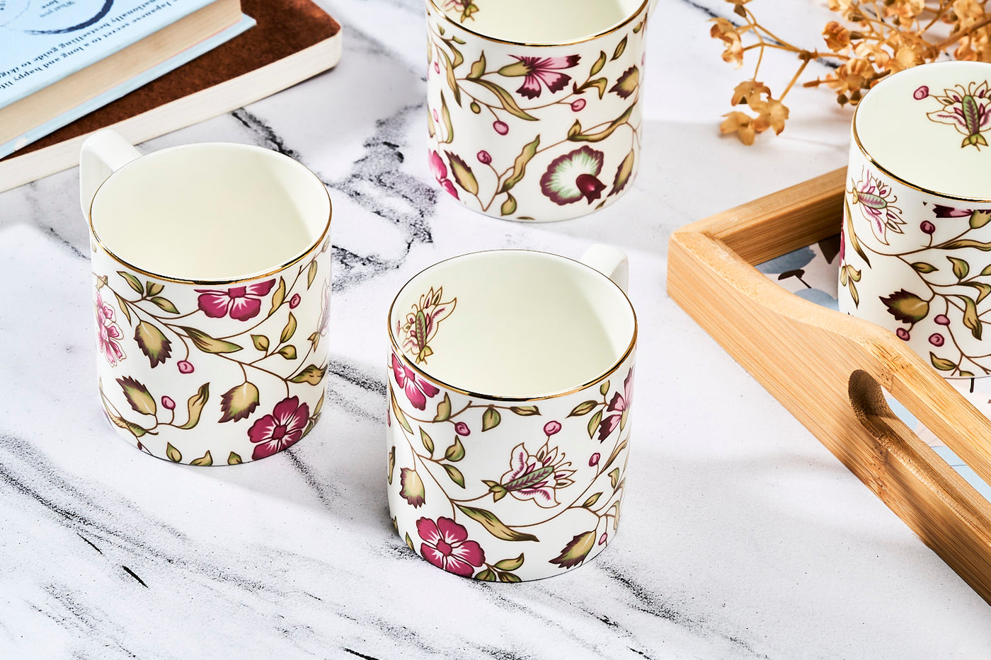 Pink & white blossom mugs - Set of 6