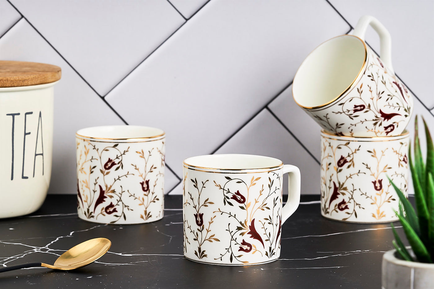 Golden Vine Tea & Coffee mugs (Maroon) – Set of 6