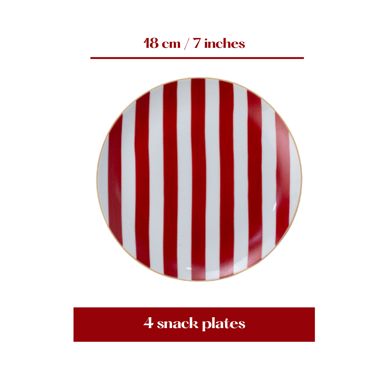 Red Candy Stripe snack plates - Set of 4 (7 inch each)