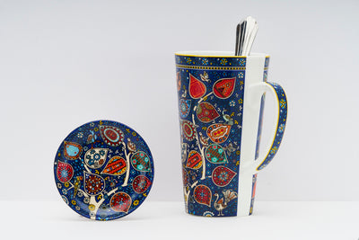 Blue Jaali Tall Mug with Spoon and Coaster - Set of 1