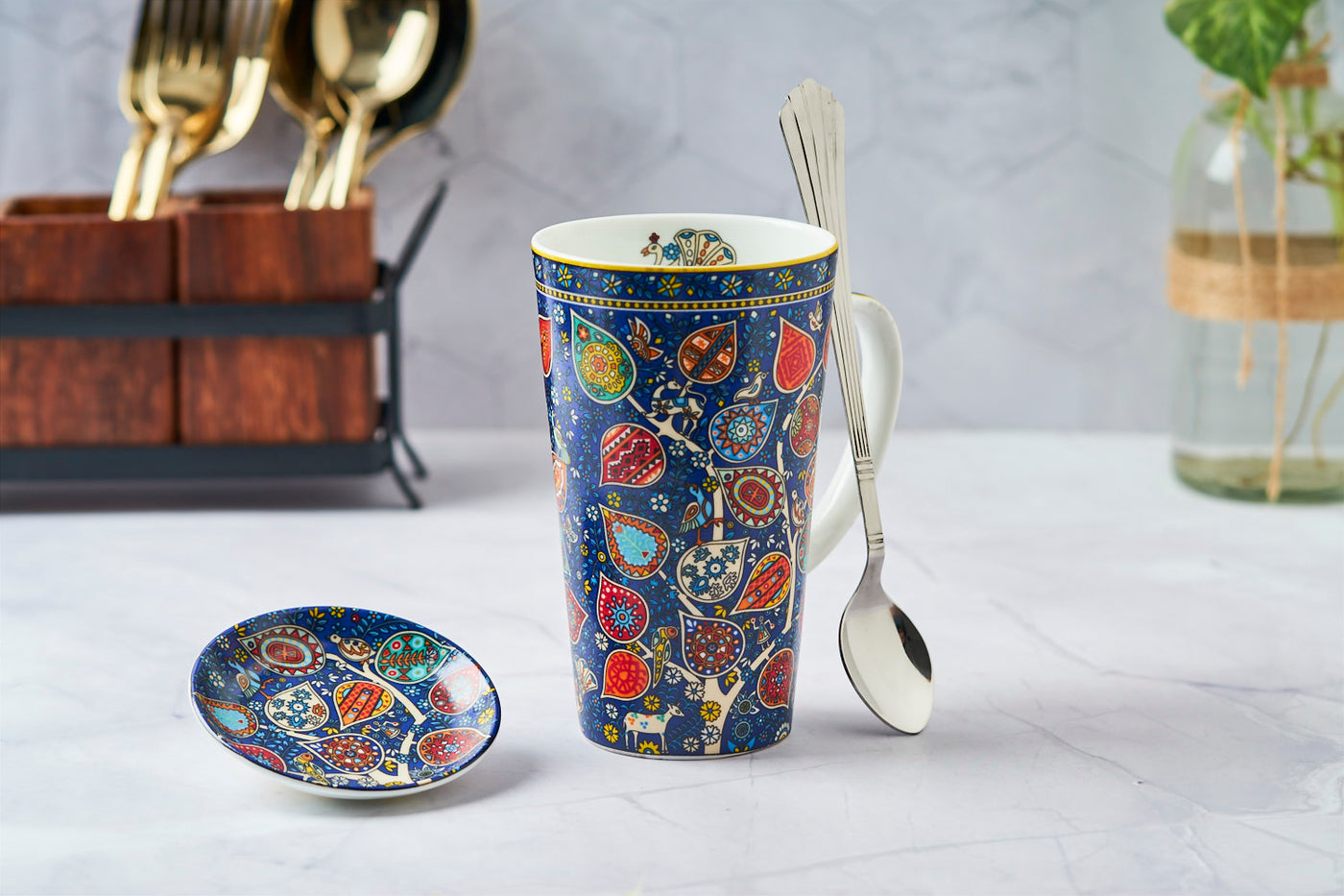 Blue Jaali Tall Mug with Spoon and Coaster - Set of 1