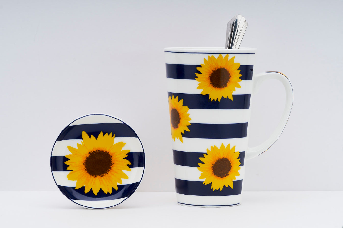 Sunflower blue  stripes – Set of 1 tall  mug, 1 spoon & 1  coaster