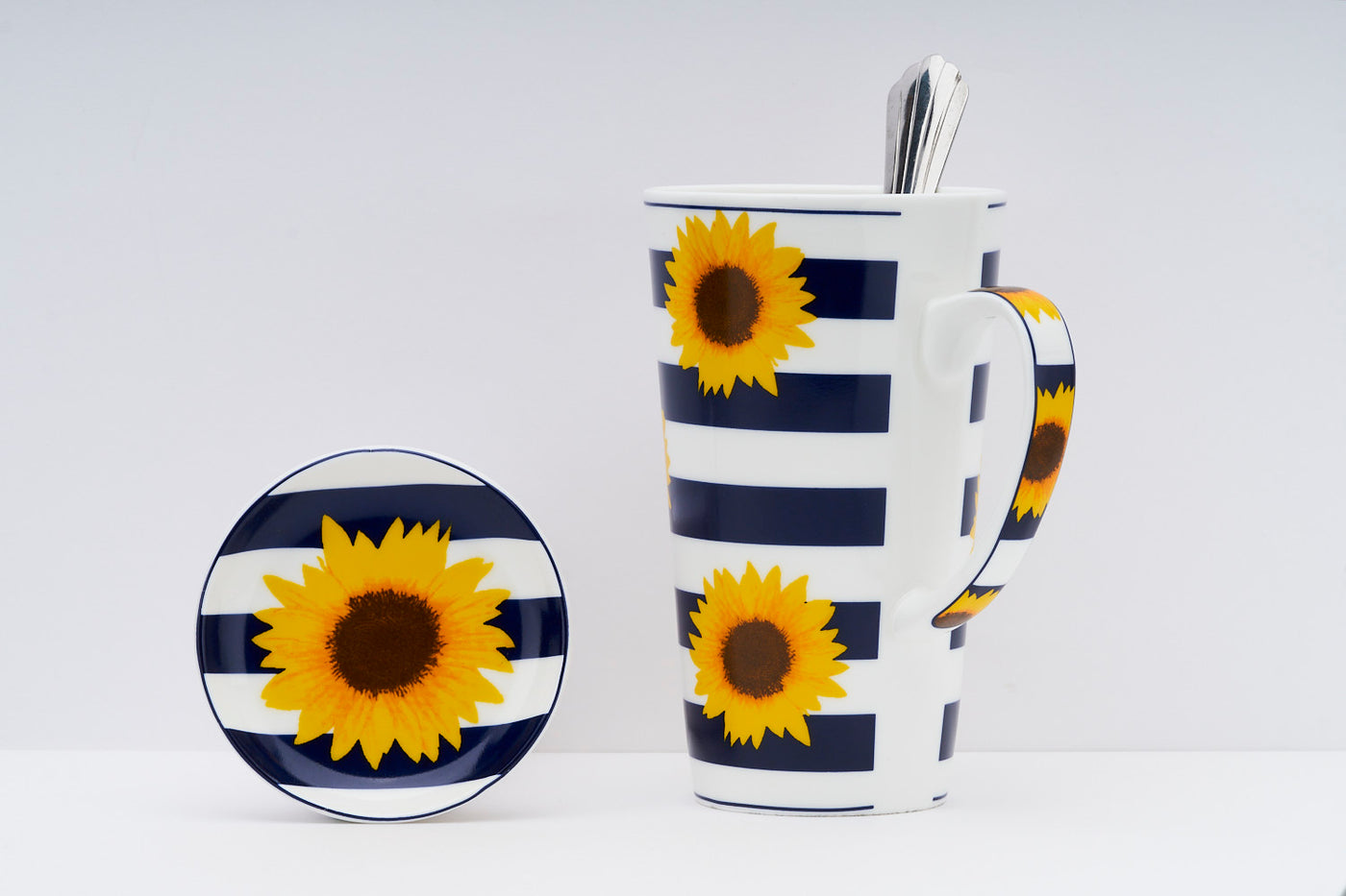 Sunflower blue  stripes – Set of 1 tall  mug, 1 spoon & 1  coaster