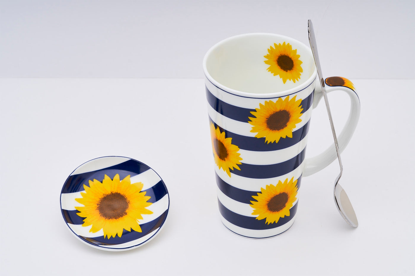 Sunflower blue  stripes – Set of 1 tall  mug, 1 spoon & 1  coaster