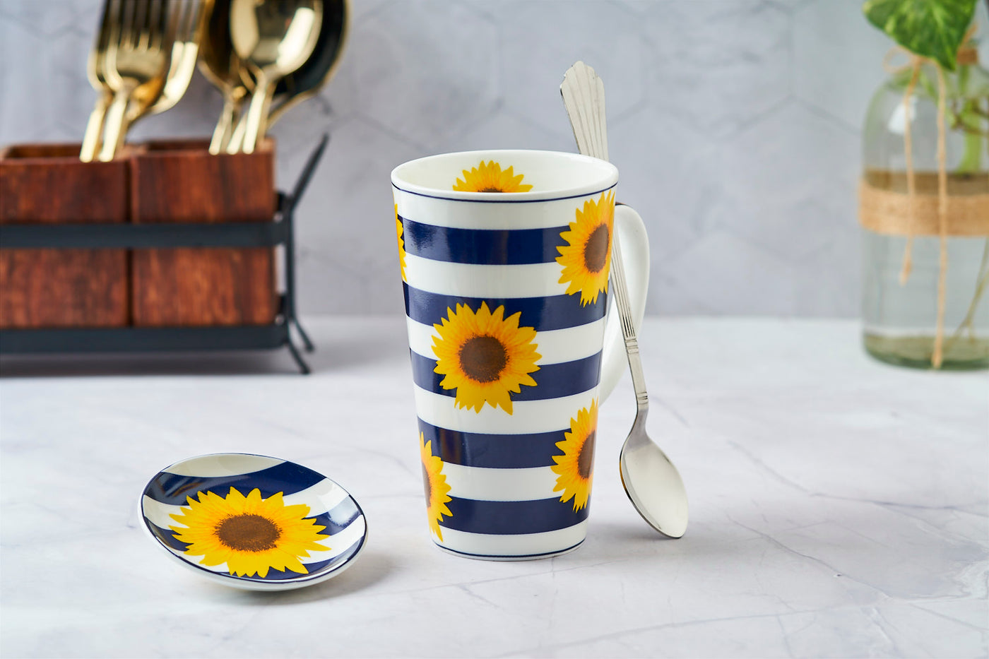 Sunflower blue  stripes – Set of 1 tall  mug, 1 spoon & 1  coaster