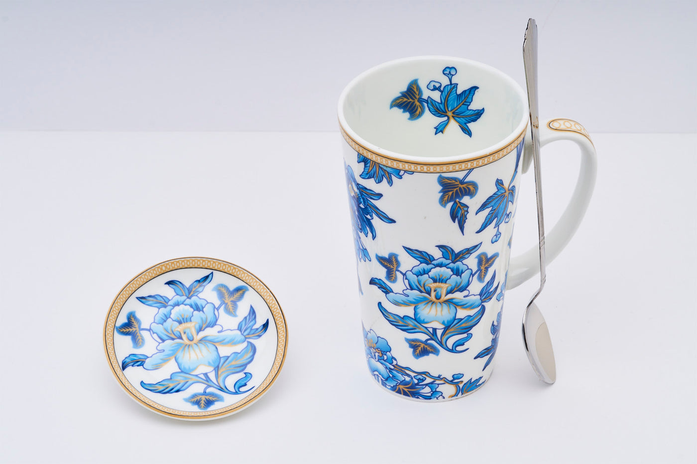 Blossom in Blue mug  – Set of 1 tall mug, 1  spoon & 1 coaster