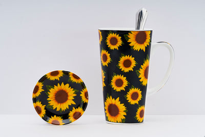 Sunflower black – Set  of 1 tall mug, 1 spoon  & 1 coaster