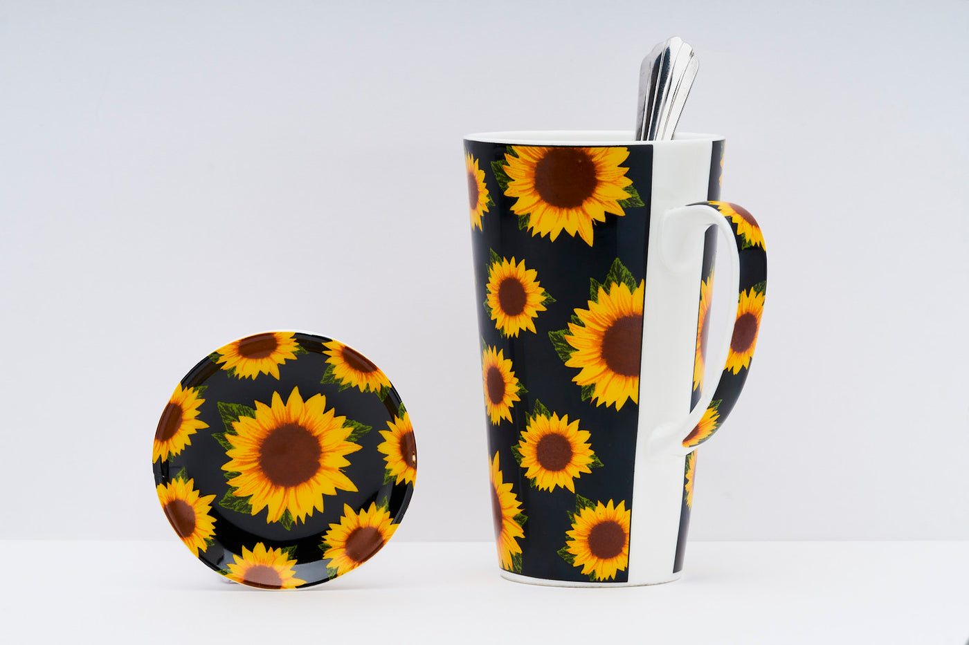 Sunflower black – Set  of 1 tall mug, 1 spoon  & 1 coaster